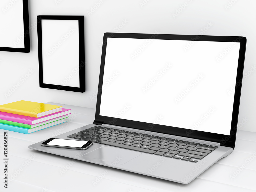 Poster 3d desktop with computer. mock up