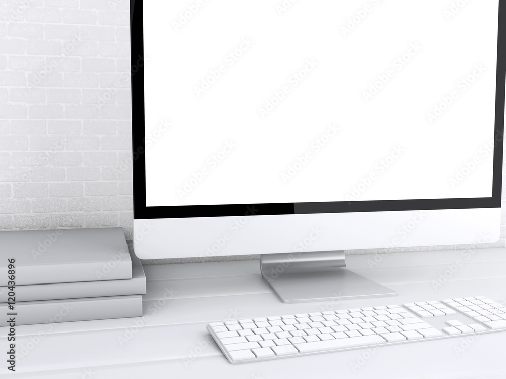 Poster 3d desktop with computer. mock up