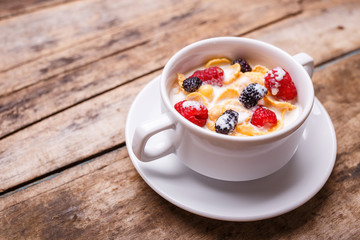 Top view image of corn flakes breakfast background