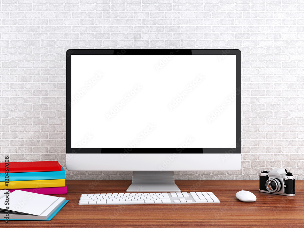 Poster 3d desktop with computer. mock up