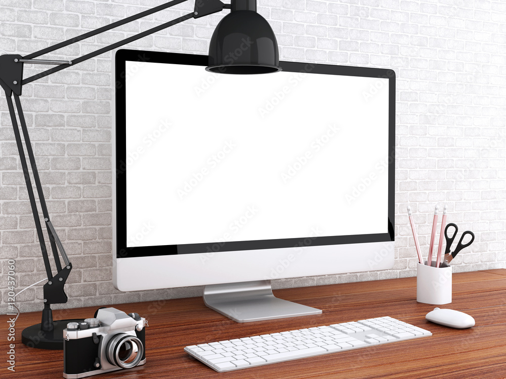 Poster 3d desktop with computer. mock up