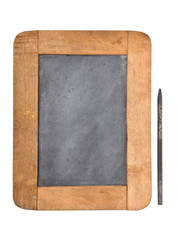 wooden frame slate board with pencil on white background