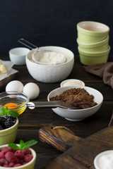 Food ingredients for cooking chocolate dessert with fruit