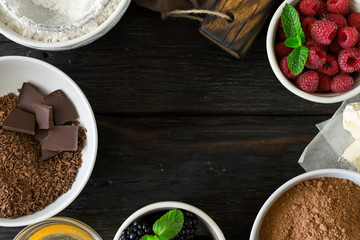 Frame of food ingredients for cooking chocolate dessert