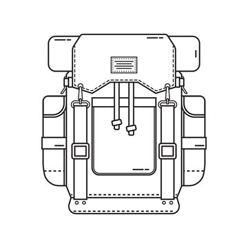 recommend clip art: Retro hiking backpack in thin line design. Tourist rucksack with sleeping bag. Camping backpack outline vector illustration. Hiking bag icon.