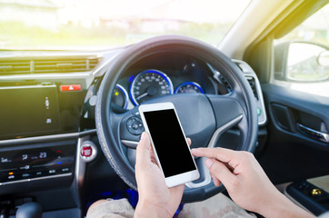 Close up shot hands of man using blank screen smart phone in the