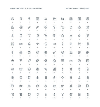 Foods and drinks clear line icons