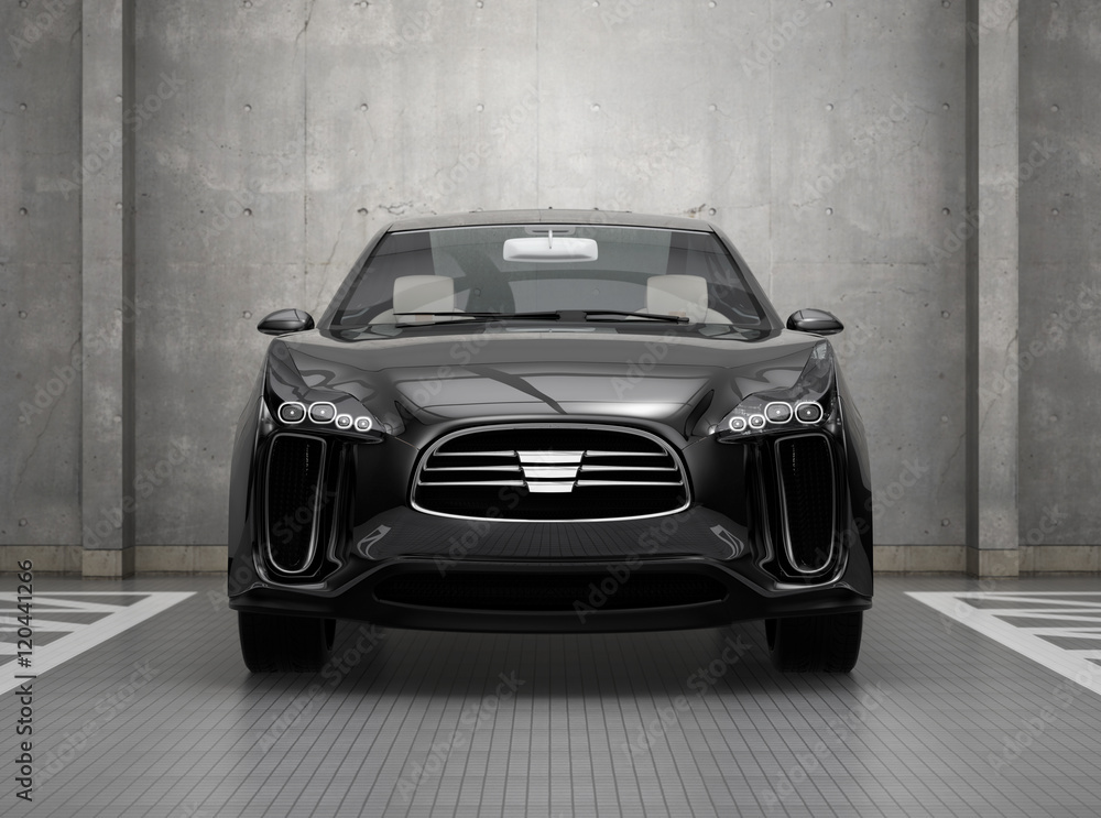 Aufkleber front view of black electric suv in parking garage. 3d rendering image.