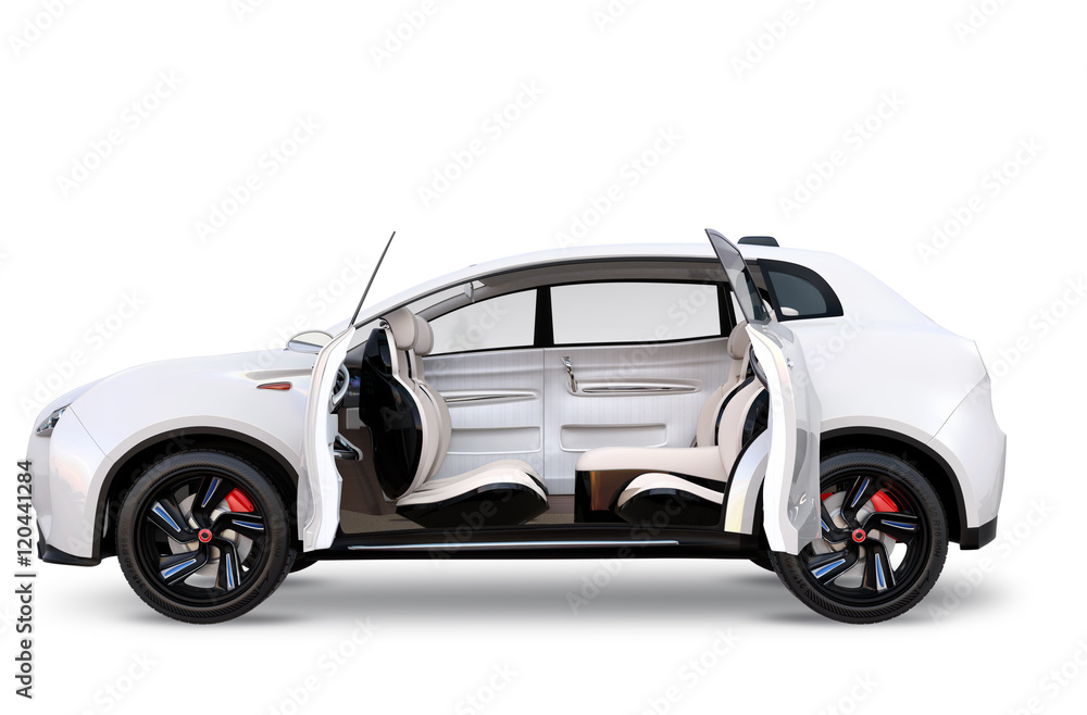Poster side view of electric suv concept car isolated on white background. the doors opened and front seats