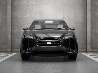 Front view of black electric SUV in parking garage. 3D rendering image.