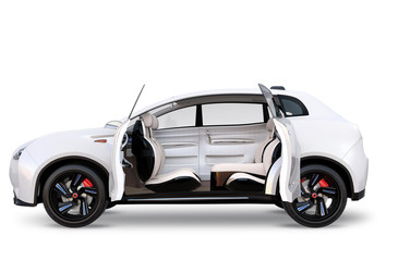 Obraz na płótnie Canvas Side view of electric SUV concept car isolated on white background. The doors opened and front seats was turned backward for communication. 3D rendering image with clipping path. 