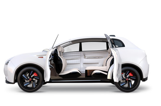 Side view of electric SUV concept car isolated on white background. The doors opened and front seats was turned backward for communication. 3D rendering image with clipping path. 