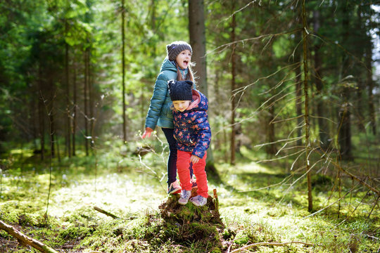 Two funny little sisters having fun during forest hike