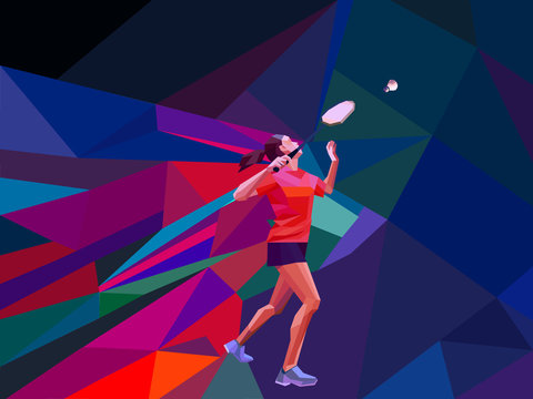 Unusual colorful triangle background. Geometric polygonal professional female badminton player