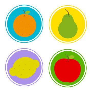 Set fruits, vector, eps, jpg, orange, pear, lemon, apple, button design.
