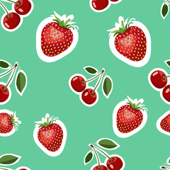 Pattern of realistic image of delicious strawberries and cherry different sizes. Turquoise background