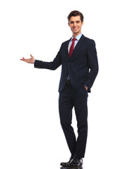 happy businessman presenting something