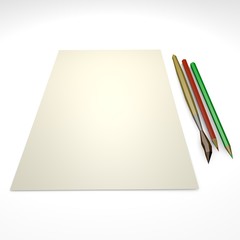 low poly painting set of pencils, brush and paper on white background