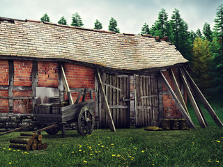 Stara stodoła i drewniany wóz w pobliżu lasu - obrazy, fototapety, plakaty