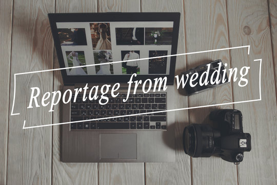 Reportage from wedding on laptop with cameras top view. Laptop with reportage from wedding and digital and film cameras on light wooden background.