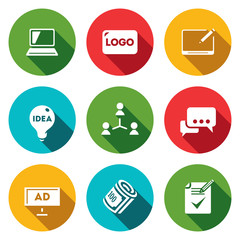 Vector Set of Creative Agency Icons. Computer, Logo, Graphics Tablet, Idea, Focus group, Discussion, Billboard, Royaltie, Technical Task.