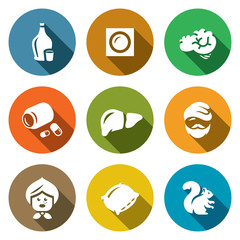 Vector Set of Alcohol Addiction Icons. Hooch, patch, brain, pills, liver, alcoholic, old woman, pillow, squirrel.