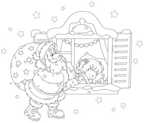 Santa Claus brought his Christmas gifts for a little girl sleeping in her bedroom