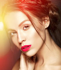 Fototapeta premium portrait of beautiful woman model with fresh daily makeup and pink lips and healthy skin