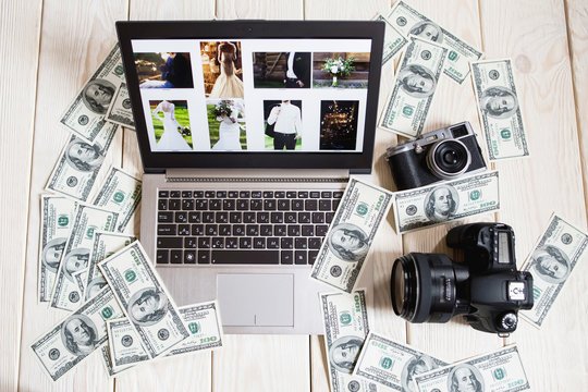 Photographer Wedding Money Camera Digital Film Laptop Occupation Job Start Up Concept