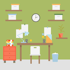 Work place with monitor. Flat design. Vector