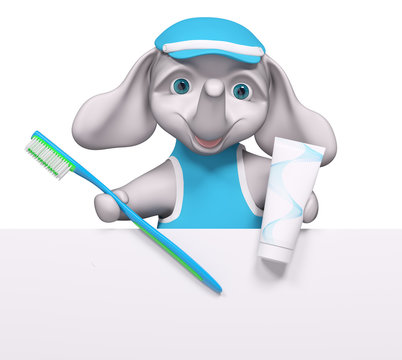 Cartoon elephant character behind poster holding toothbrush and