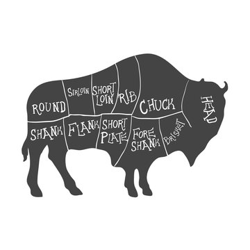 Bison Silhouette with Meat Cut Scheme. Vector