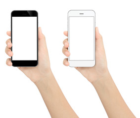 hand holding black and white phone isolated white clipping path