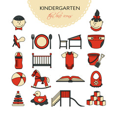 Child and baby care center color thin line icons.