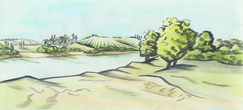 Landscape with river watercolor