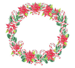 Watercolor Christmas wreath. Hand drawn colorful illustration. Xmas decor.