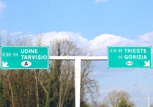 Road Sign in the motorway junction in Northen Italy with crossro