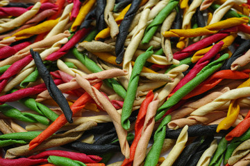 Traditional colorful Italian dried homemade pasta fusilli 