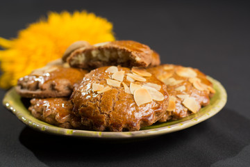 Typical Dutch filled spicy  cookies with almonds on autumn color
