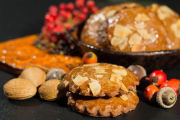 Typical Dutch filled spicy  cookies with almonds on autumn color