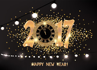 Magic new year composition with gold sparkling clock and garlands of lights