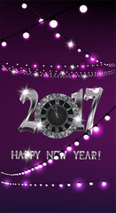 Magic new year composition with sparkling silver clock and garlands of lights on the purple background. Vector illustration