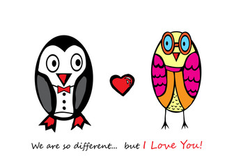 Fototapeta premium Fall in love hand drawing penguin and owl.