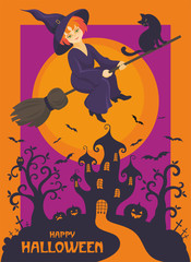 Halloween greeting card with the image of the little witch and fairytale castle