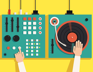 Turntable with dj hands. Vector flat illustration