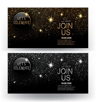 Sparkling invitation gold and silver cards. Vector illustration