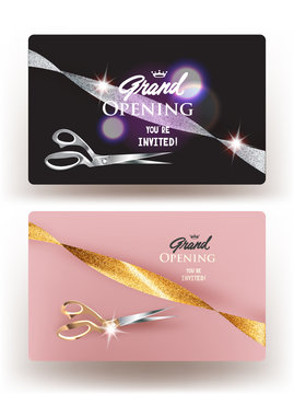 Grand opening cards with realistic sparkling ribbons and scissors