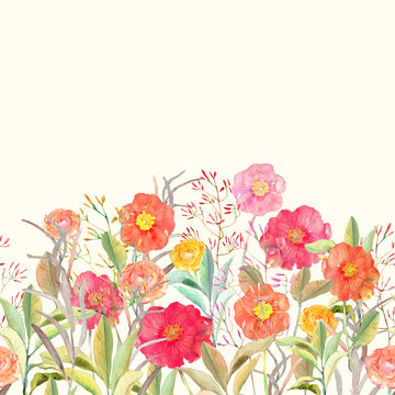 Vector seamless floral border. Isolated roses and wild flowers d