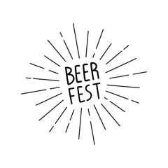 Handwritten inscription Beer Fest with sunburst. Hand drawn lettering for your design. Vector illustration.