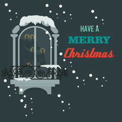 Merry Christmas greeting card with window, snow and tree vector